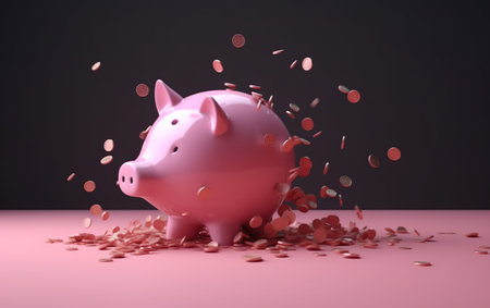 Piggy bank with falling coins. Savings and investment. AI, Generative AIの素材