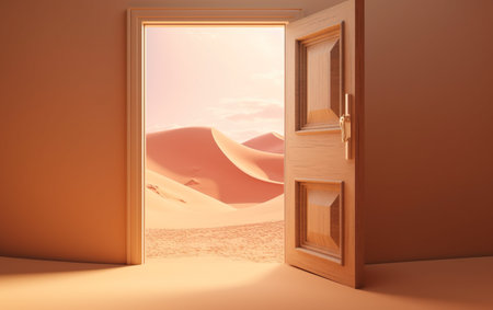 Opened door on desert. Unknown and start up concept. AI, Generative AIの素材