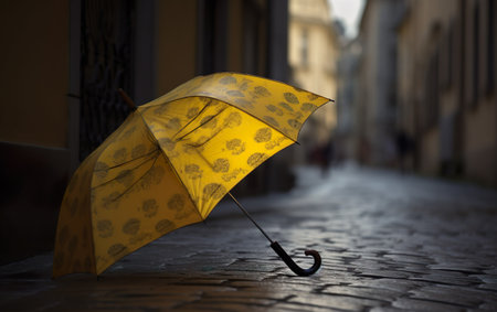 Yellow umbrella in the rain. AI, Generative AIの素材