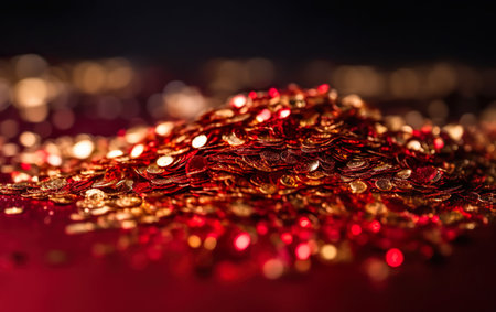 Christmas Background - Golden Glitter On Shiny Red. AI, Generative AIの素材
