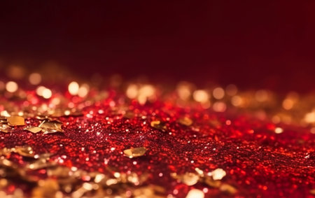 Christmas Background - Golden Glitter On Shiny Red. AI, Generative AIの素材