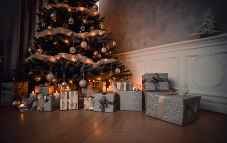 Beautiful Christmas gift boxes on floor near fir tree. AI, Generative AIの素材