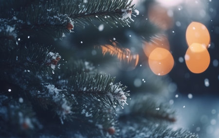 Christmas winter blurred background. Xmas tree with snow. AI, Generative AIの素材