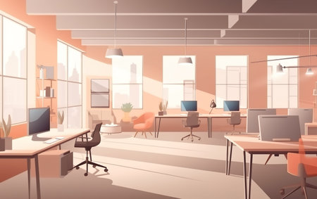Contemporary coworking interior with banner. AI, Generative AIの素材