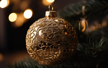 Close up view of beautiful fir branches with shiny gold balls. AI, Generative AIの素材