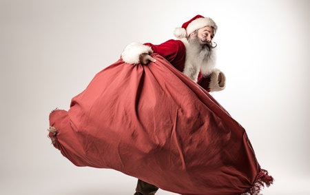 Santa Claus pulling huge bag of presents isolated on white background. AI, Generative AIの素材