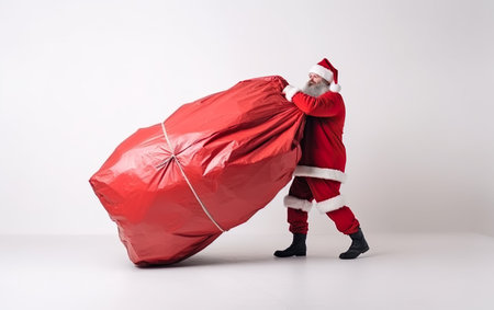 Santa Claus pulling huge bag of presents isolated on white background. AI, Generative AIの素材
