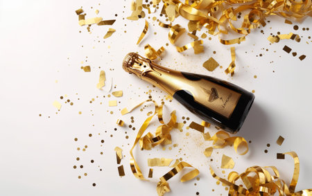 Celebration background with golden champagne bottle, confetti stars and party streamers. Christmas, birthday or wedding concept. AI, Generative AIの素材