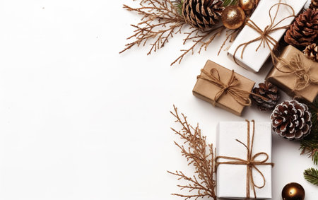 Christmas border with branches and rustic brown and white gift boxes isolated on a white background. AI, Generative AIの素材