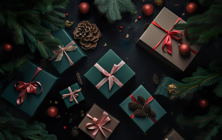 Christmas gift boxes collection with pine tree. AI, Generative AIの素材