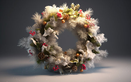 Christmas wreath with snow flurry. AI, Generative AIの素材