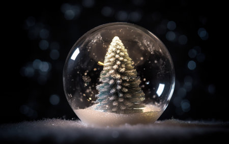 Christmas tree in glass ball on snow. Glitter lights. AI, Generative AIの素材