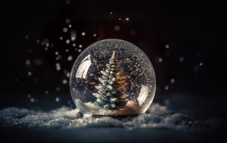 Christmas tree in glass ball on snow. Glitter lights. AI, Generative AIの素材