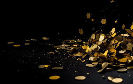 Golden festive confetti on a black background. Celebrating New Year and Christmas. AI, Generative AIの素材