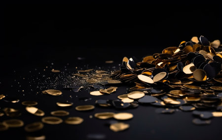 Golden festive confetti on a black background. Celebrating New Year and Christmas. AI, Generative AIの素材