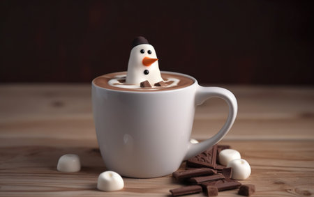 Hot chocolate with melted snowman. AI, Generative AIの素材