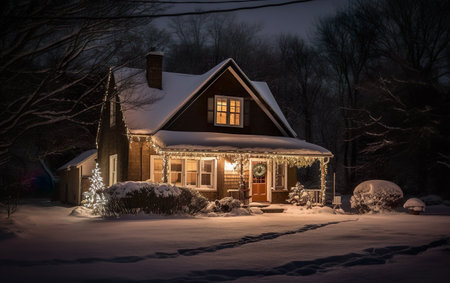 House exterior Christmas decorations in the snow. AI, Generative AIの素材