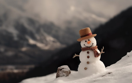 Panoramic view of happy snowman in winter scenery with copy space. AI, Generative AIの素材