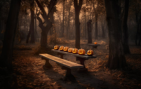 A spooky forest sunset with a haunted evil glowing eye. AI, Generative AIの素材