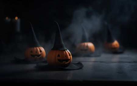 Spooky orange pumpkins for Halloween stand in a row. AI, Generative AIの素材