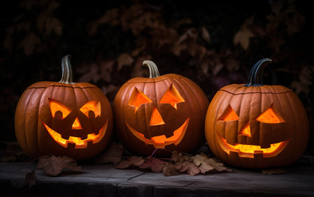 Three halloween Jack Lantern pumpkins. AI, Generative AIの素材