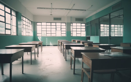Empty School classroom with desks chair wood greenboad. AI, Generative AIの素材