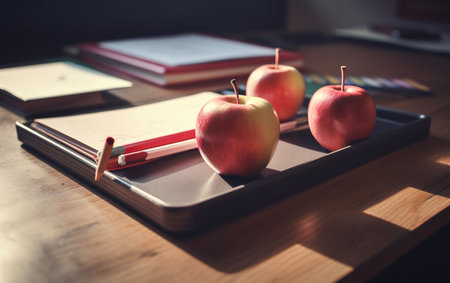 Pencil tray and apple on notebooks on the school teacher's desk. AI, Generative AIの素材