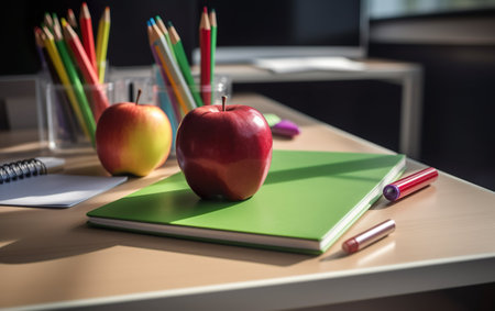 Pencil tray and apple on notebooks on the school teacher's desk. AI, Generative AIの素材