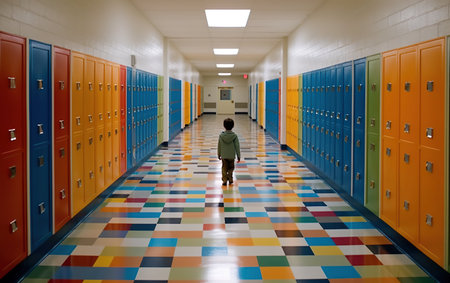 Schoolboy walks down school hallway. AI, Generative AIの素材