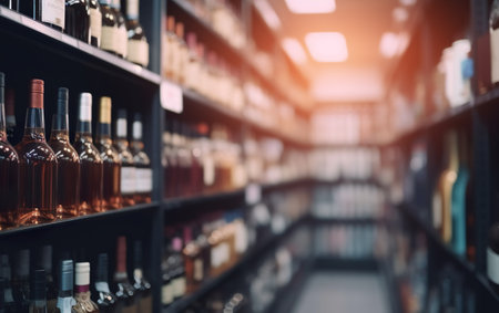 Abstract blur wine bottles on liquor alcohol shelves. Generative AIの素材