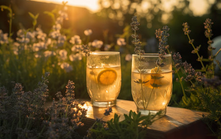Two glasses of lemonade and lavender flowers in the garden. AI, Generative AIの素材