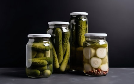 Canned vegetables cucumber in glass jars on grey back. AI, Generative AIの素材