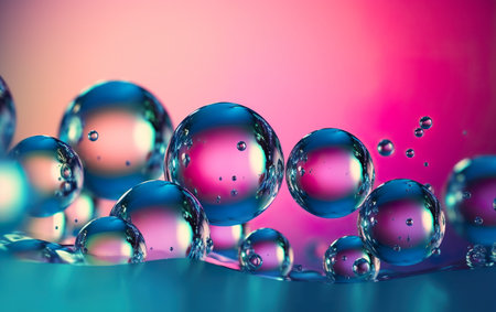Colorful glass bubbles floating on a mesmerizing pink. AI, Generative AIの素材