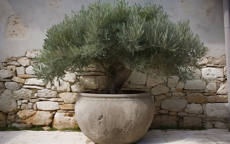 Olive tree in a stone pot Mediterranean style. AI, Generative AIの素材