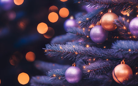 Background of a Christmas tree with a garland close-up. AI, Generative AIの素材