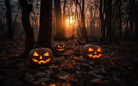 A spooky forest sunset with a haunted evil glowing eyes. AI, Generative AIの素材