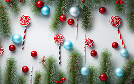 Christmas and New Year background with lollipops Christmas tree branches and decor ball. AI, Generative AIの素材