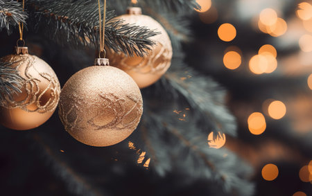 Decoration balls on Christmas tree branches close up. AI, Generative AIの素材