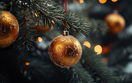 Decoration balls on Christmas tree branches close up. AI, Generative AIの素材