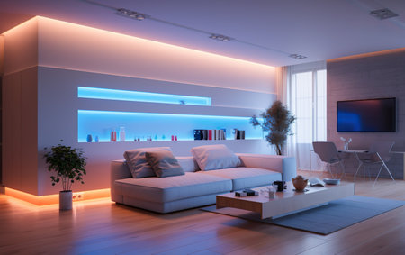 Minimalistic modern apartment with neon illumination. AI, Generative AIの素材