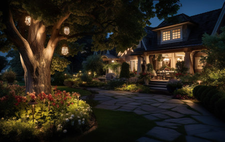 Beautiful home exterior in evening with glowing interiorの素材