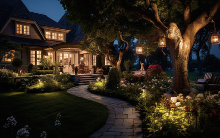 Beautiful home exterior in evening with glowing interiorの素材