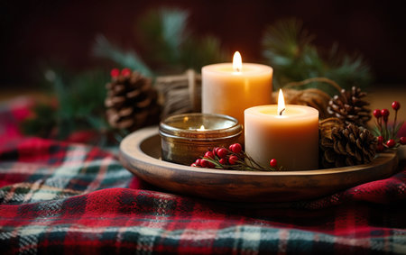 Burning candles and christmas decorations on wooden tableの素材