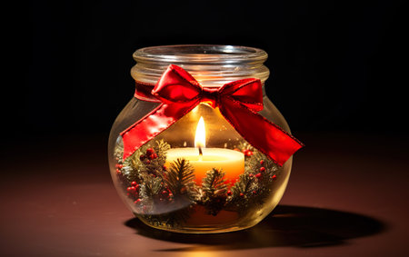 Christmas Holiday burning candle in a glass jarの素材