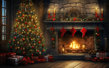 Christmas tree on fireplace backgroundの素材