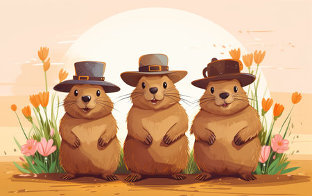 Happy Groundhog Day. Card with four cute groundhogsの素材