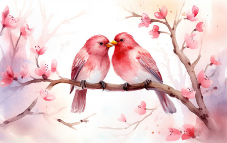 Happy Valentines day watercolor kissing birds illustrationの素材