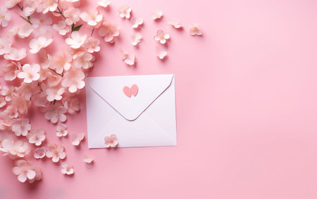 Valentines Day background. Pink flowers envelope heartの素材