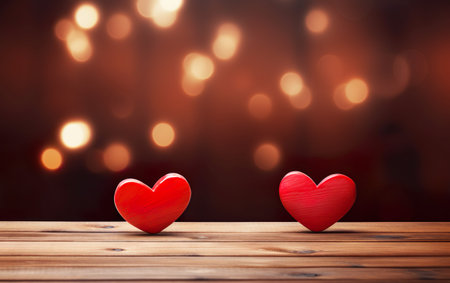 Valentines day background with two red hearts on wood tableの素材