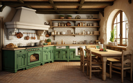 3d rendering of a wooden scandinavian kitchen with white brick wallの素材